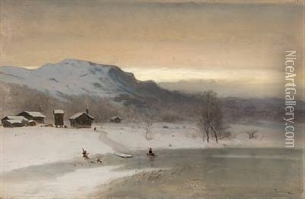 Vinterlandskap Med Gutt Pa Kjelke Oil Painting - Peder Thurmann