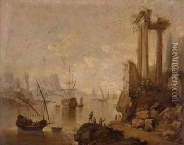 Segelschiffe Im Hafen Mit Architekturcapriccio Oil Painting - Charles Francois Lacroix de Marseille