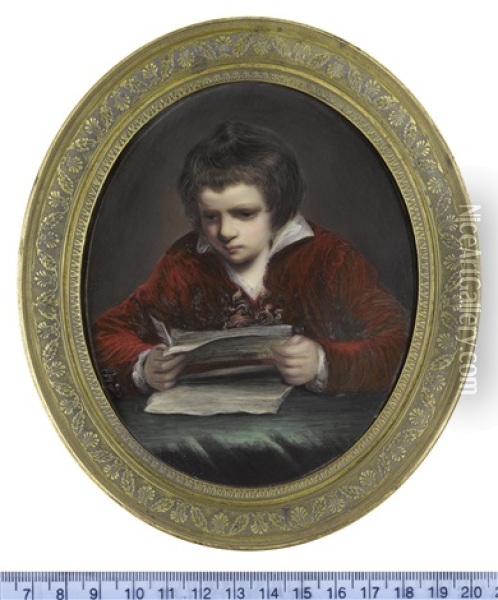 The Artist's Son, Peter Joseph Bone (1785-1814), Seated At A Table And Reading, Wearing Red Coat And Waistcoat, White Chemise Oil Painting - Henry Bone