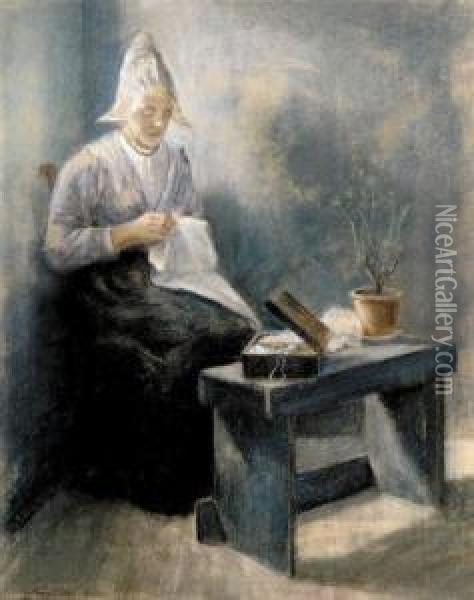 The Fisherman Wife Handworking Oil Painting - Jacob Taanmann