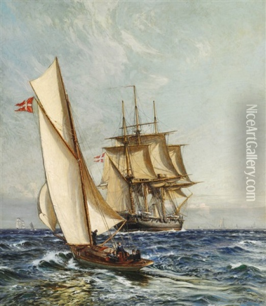 Seascape With A Danish Frigate And In The Foreground A Sailing Boat Oil Painting - Christian Ferdinand Andreas Molsted