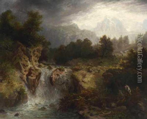 Gebirgslandschaft Mit Wasserfall Oil Painting - Heinrich Heinlein