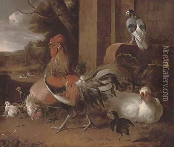 A cockerel, hens and pigeon by a wall, a landscape beyond Oil Painting - Melchior de Hondecoeter