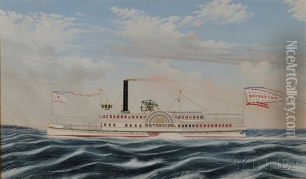 Portrait Of The Sidewheeler Steamboat Neversink Oil Painting - James Bard