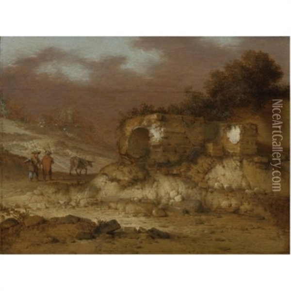 A Landscape With Ruins And Figures Driving A Donkey Oil Painting - Jacob Sibrandi Mancadan