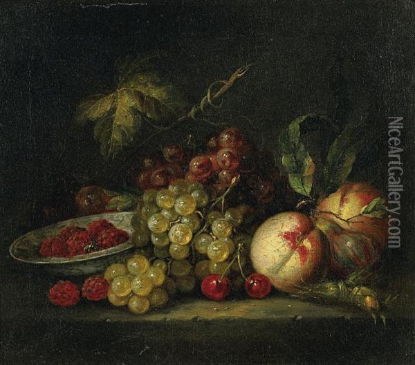 Nature-morte De Raisins, De Peches Et Coupe De Framboises. Oil Painting - Gerard Goswin