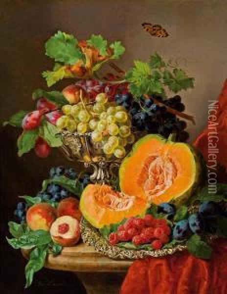 Fruchtestillleben Mit Kurbis Und Weintrauben Oil Painting - Josef Lauer