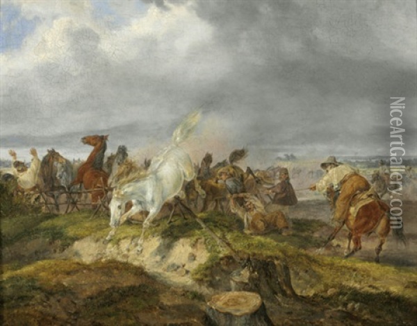 Das Eintreiben Von Wildpferden In Der Ungarischen Puszta Oil Painting - Dietrich (Heinrich Maria) Monten