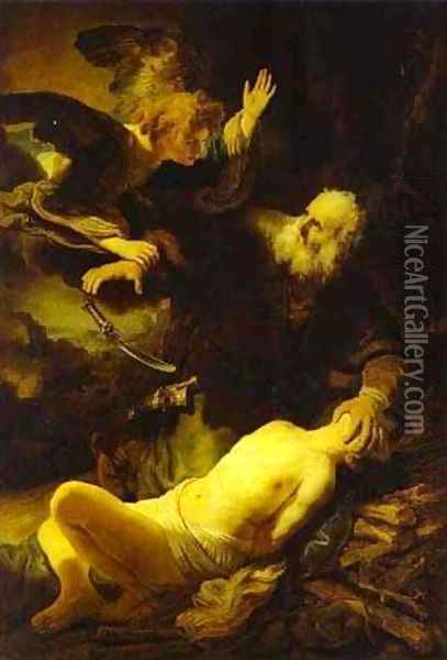 The Angel Stopping Abraham From Sacrificing Isaac To God 1635 Oil Painting - Harmenszoon van Rijn Rembrandt