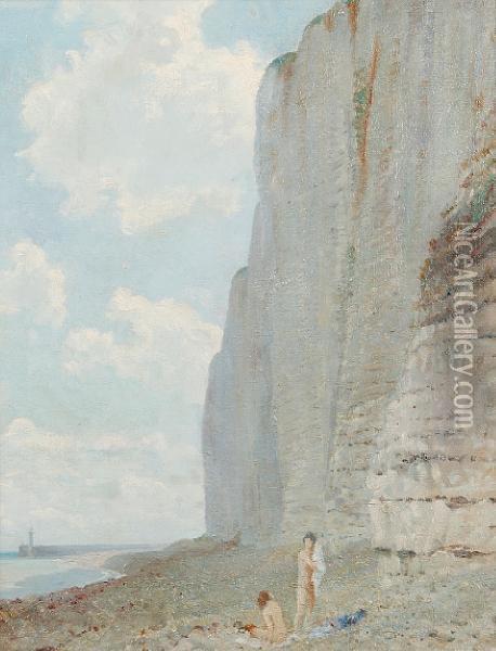 The Cliffs Of France, Nude Bathers On The Shore Oil Painting - Louis Ginnett