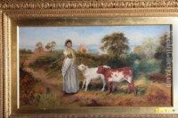 A Farm Girl And Two Calves On A Path Overlooking The Yorkshirecoast Oil Painting - Wilson Hepple