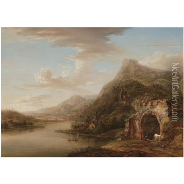 A Rhenish River Landscape Oil Painting - Christian Georg Schuetz the Younger