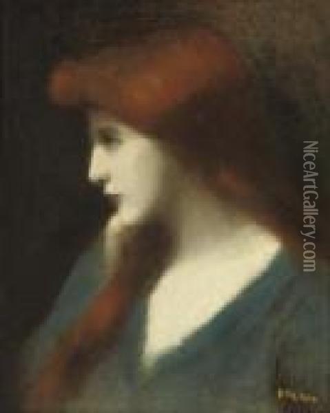 Lady In Blue Oil Painting - Jean-Jacques Henner