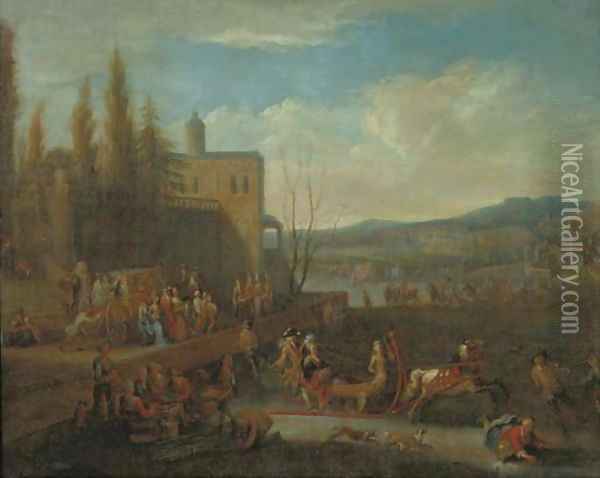 Elegant company skating and sledging on a frozen canal before an Italianate terrace Oil Painting - Alexander van Bredael