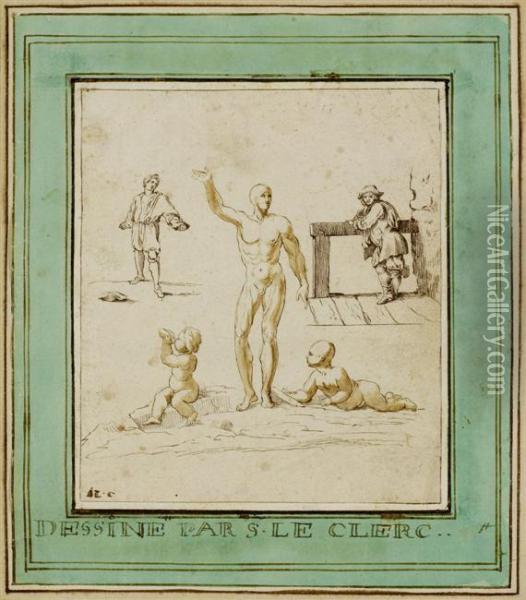 Study Sheet With Two Men Standing And With Putti Oil Painting - Sebastien Le Clerc
