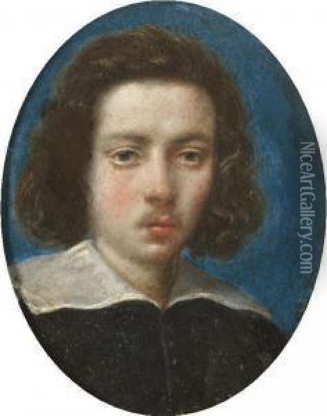Portrait Of A Gentleman, Head 
And Shoulders, Wearing Black With A White Ruff, With A Blue Background Oil Painting - Cesare Dandini