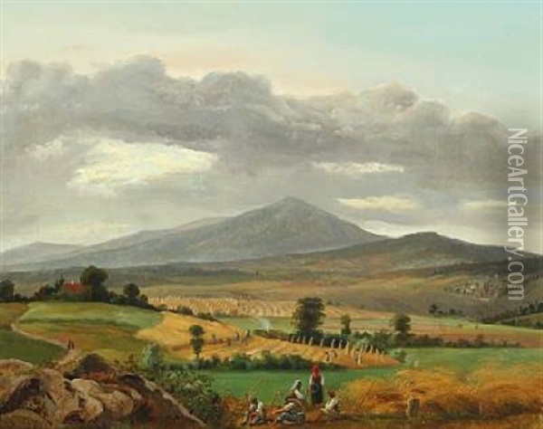 Mountainscape With People Harvesting Oil Painting - Johann Hermann Carmiencke