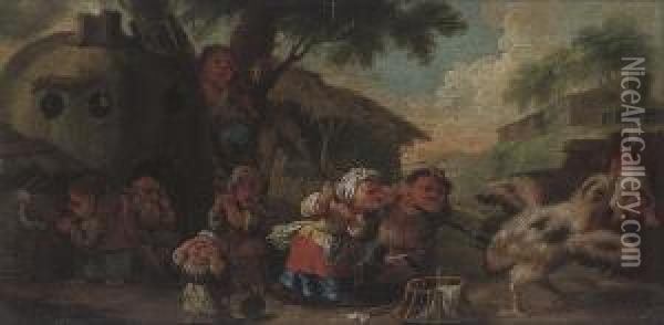 Dwarves Rescuing A Child From A Chicken Oil Painting - Faustino Bocchi