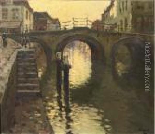 A Bridge Over A Canal Oil Painting - Bernard, Ben Viegers