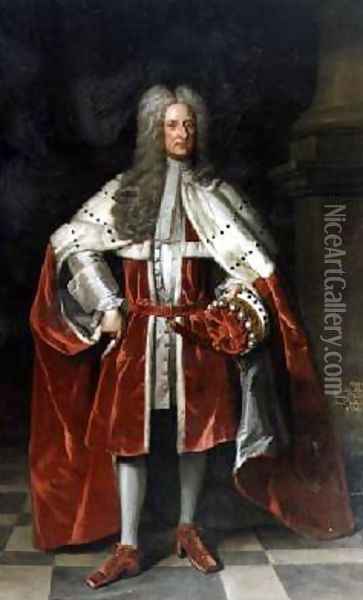 Portrait of Henry 1st Viscount St John 1652-1742 in his coronation robes Oil Painting - Sir Godfrey Kneller