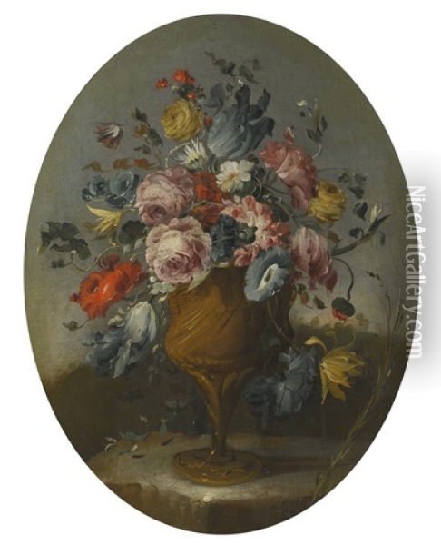 A Pair Of Still Lifes Of Roses, Amenones, Tulips And Other Flowers In Bronze Urns, Resting On Stone Ledges Oil Painting -  Pseudo Guardi
