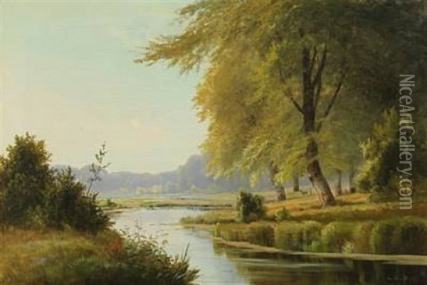 Landscape With Deer At A Forest Lake Oil Painting - Alexander Schmidt