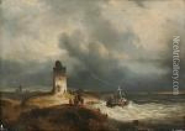 Ship In Distress Off The Coast, Possibly Scheveningen Oil Painting - Francois Etienne Musin