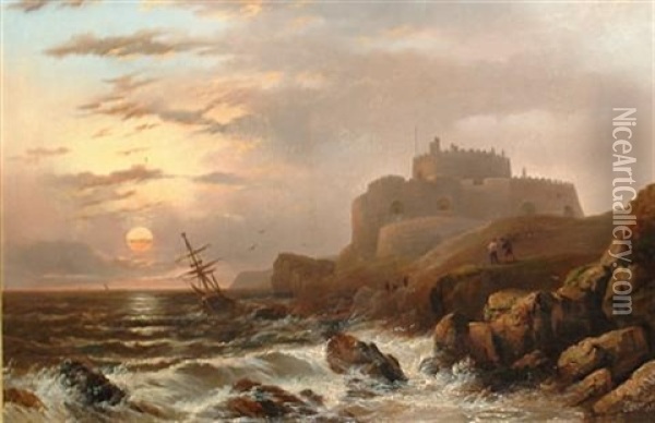 Figures Before A Castle On A Rocky Coast Oil Painting - Edward Train