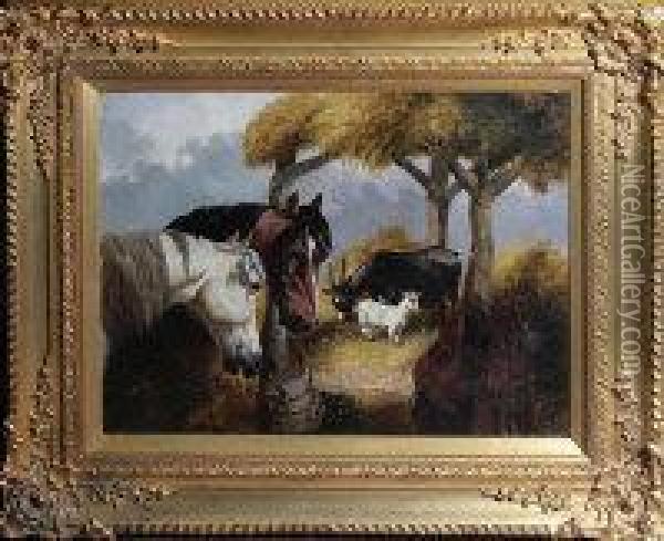 Horses And Goats In A Byer Oil Painting - John Frederick Herring Snr