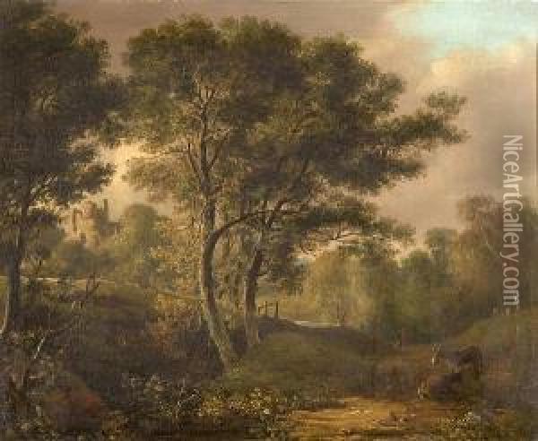 Wooded Landscape With Figures And Donkeys, Andcastle Ruins In Distance Oil Painting - John Joseph Barker Of Bath
