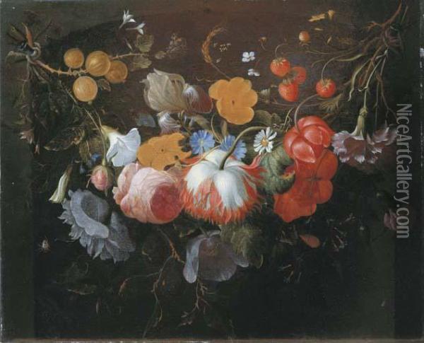 A Swag Of Mixed Flowers In A Niche Oil Painting - Pieter Gallis