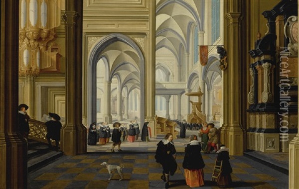An Imaginary Church Interior With A Staircase, An Organ, A Tomb, And Elegant Figures, With A Dog In The Foreground Oil Painting - Dirck Van Delen