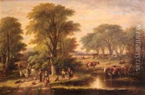 A Rural Landscape With Cattle Watering And Figures Along A Track Oil Painting - A.V. Willis