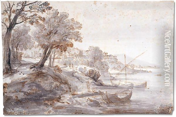Boats on a river Oil Painting - Caspar Andriaans Van Wittel
