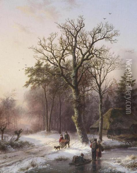 A Winter Landscape With Figures On A Path And Figures With A Sleighon The Ice Oil Painting - Barend Cornelis Koekkoek
