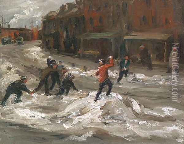 Children Throwing Snowballs Oil Painting - George Luks