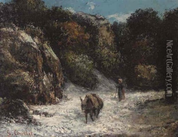 Woman With Donkey In A Snowy Landscape Oil Painting - Gustave Courbet