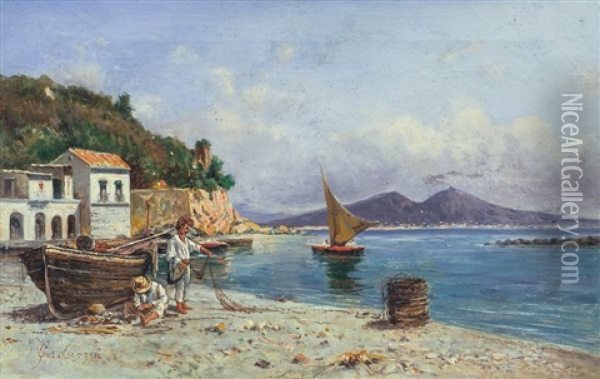 Pescatori Con Scorcio Del Golfo Di Napoli E Vesuvio Oil Painting - Giuseppe Laezza