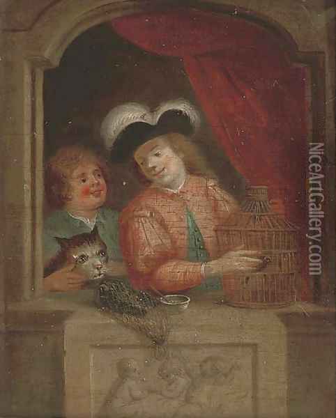 A man and a boy with a caged bird at a casement; and Three children at a casement Oil Painting - Willem van Mieris
