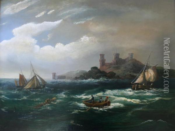 Fishing Boats And Salvagers Off A Headland, A Castle Beyond Oil Painting - William Broome Of Ramsgate