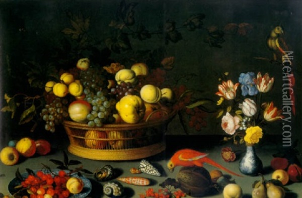 A Basket Of Grapes And Other Fruit In A Basket, Cherries On A Delft Plate, Tulips, An Iris And Other Flowers In A Small Wan-li Vase Oil Painting - Balthasar Van Der Ast