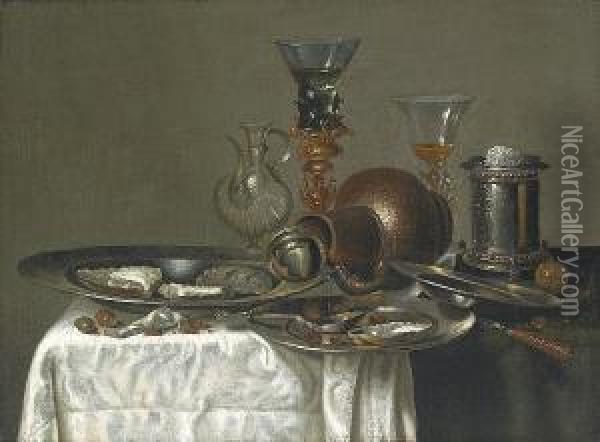 Oysters And Hazelnuts On Pewter 
Plates With A Stoneware Jug, A Silver Brazier And Glasses On A Table 
Draped With A White Cloth Oil Painting - Cornelis Mahu