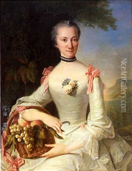 Portrait De Jeune Femme Tenant Un Panier De Raisins Oil Painting - Marianne Loir