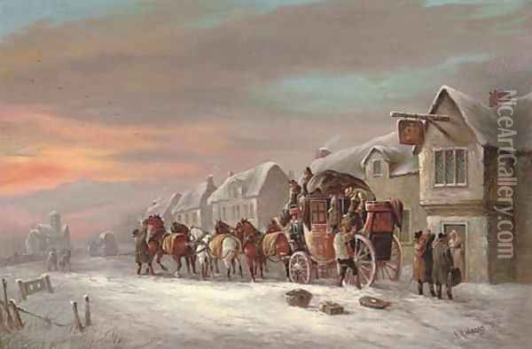 The Bristol to London Red Rover outside the Crown Inn Oil Painting - John Charles Maggs