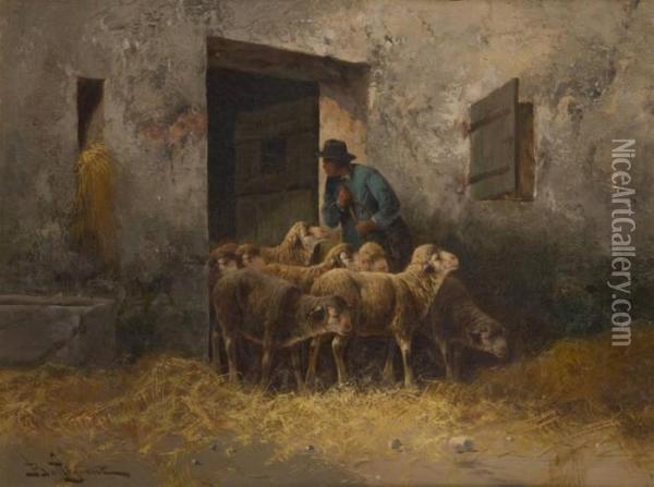Dans La Bergerie Oil Painting - Jules G. Bahieu
