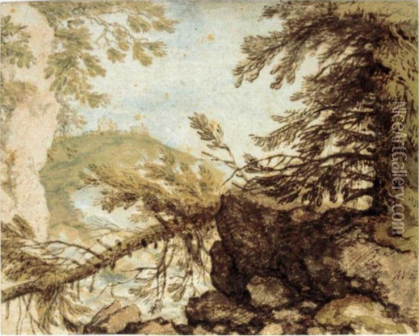 Wooded Mountain Landscape With A Fallen Pine And A Distant Castle Oil Painting - Allart Van Everdingen