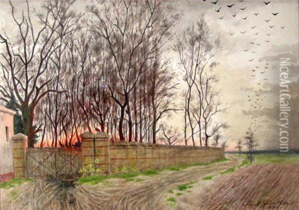 Feldlandschaft Mit Gebaudemauer In Der Abendrote Oil Painting - Paul Gunther