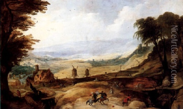 An Extensive Mountainous Landscape With Mounted Figures Skirmishing In The Foreground, A House An Windmills, Castle Ruins On A Hillside Beyond Oil Painting - Joos de Momper the Younger