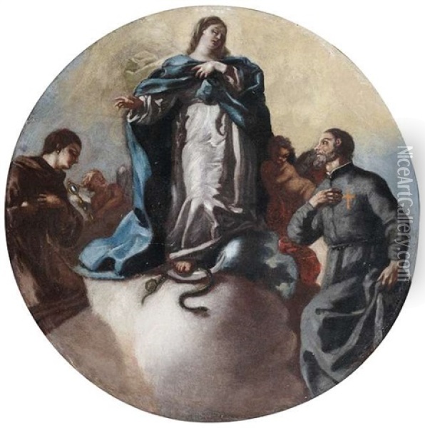 Maria Immaculata Mit Dem Heiligen Antonius Von Padua Und Dem Heiligen Camillo Von Lellis Oil Painting - Leonardo Olivieri