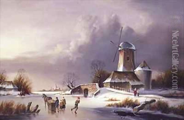 Dutch Frozen River Landscape 2 Oil Painting - David Beatty